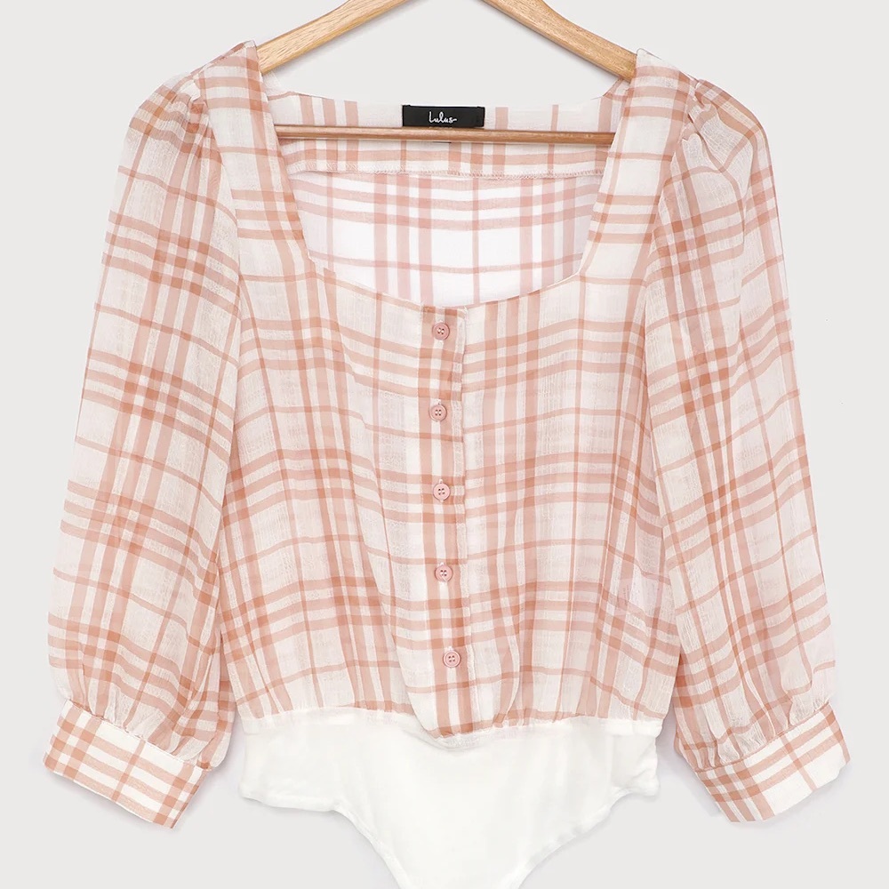 Lulu's Peach Plaid Button-Up Blouse